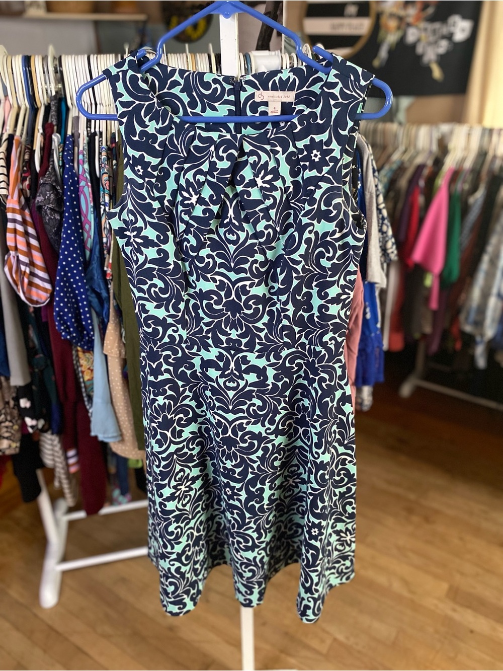 Sleeveless Navy and Mint Blue Patterned Midi Dress